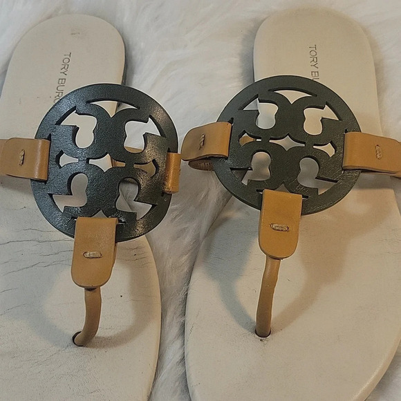 TORY BURCH Miller Logo Leccio/Pesca Soft Calf Leather Sandals Size 6 - Picture 2 of 8